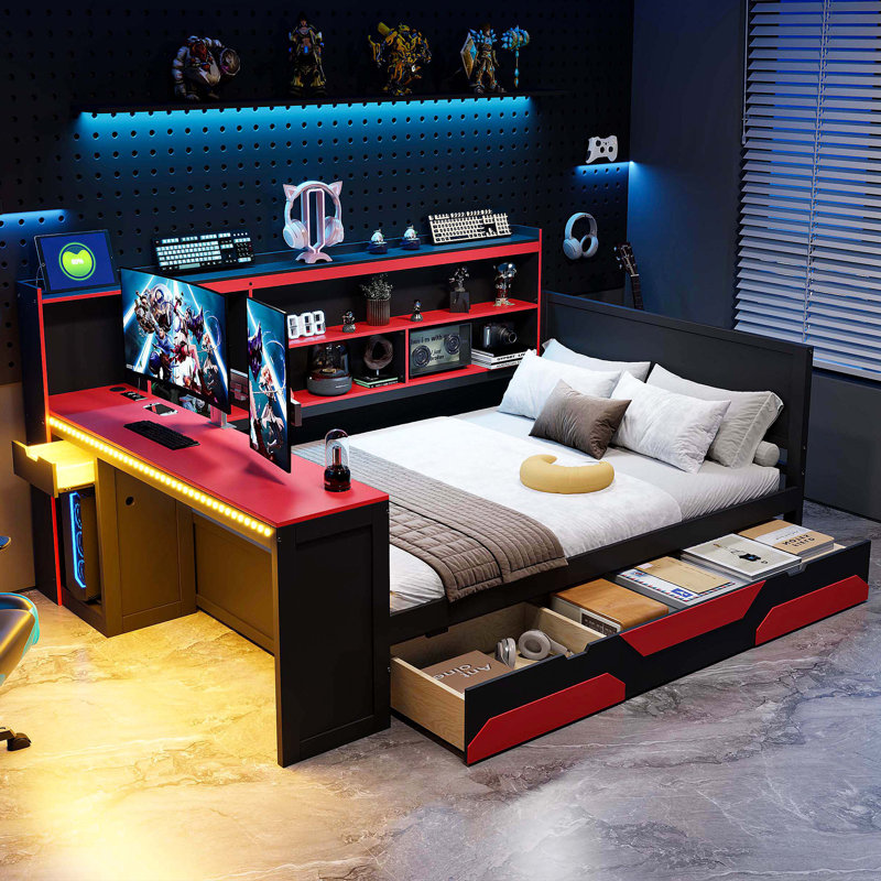 Full Size Gaming Daybed with Integrated Desk and Lights, Modern Wooden Bed Frame with 3 Storage Drawers and Built-in Charging Station, Multi-Functional Headboard Bookcase, Black+Red