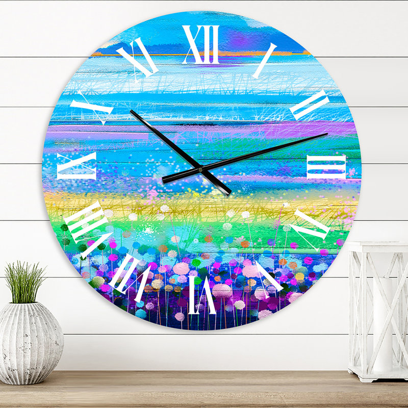 Abstrait champs avec pissenlit bleuet et marguerite - horloge murale moderne, Petit