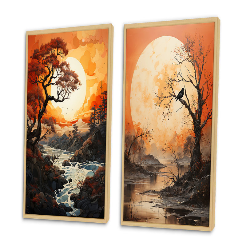 «Tree Orange Moon Silhouette», 2 pièces, H 40 po x l 40 po, Encadrement brun