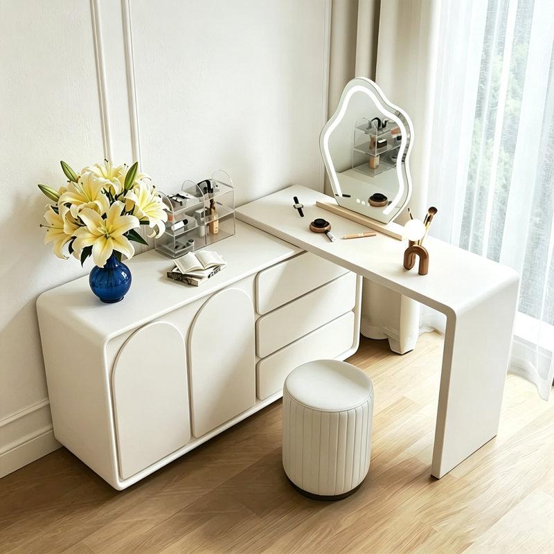 47.24"Modern Extendable Vanity Table with 3 Drawers and 2 Cabinets Rounded Design