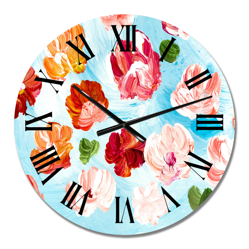Horloge murale abstraite avec fleurs rouges et roses, Moyen