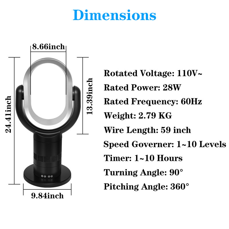 24-Inch Black Bladeless Oscillating Floor Fan with Remote
