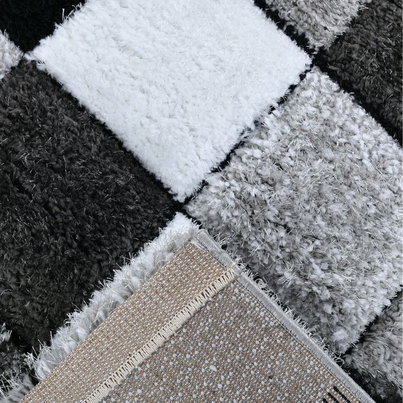 Shaggy Blocks High Pile Rug - Black, Rectangle 60 x 110 cm