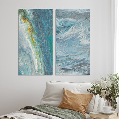 «Light Blue and Gold Abstract Landscape», ensemble de 2 peintures sur toiles