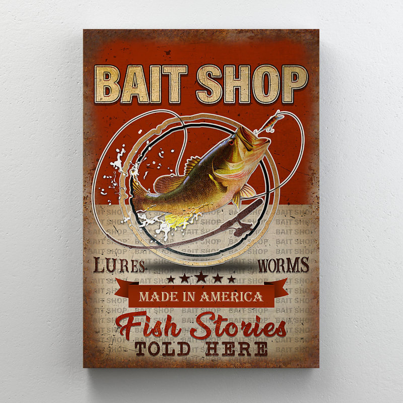 Big Fish Eating Small Fish - Bait Shop Made In America Fish Stories Told Here - 1 Piece Rectangle Graphic Art Print On Wrapped Canvas