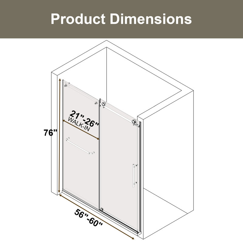 Cascada 56-60" W x 76" H Frameless Shower Door with Round Bar Stabilizer, 1/4" 6mm Tempered Glass, Brushed Gold, Brushed Gold