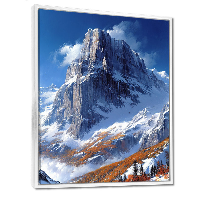 Snowy Mountain Top - Winter Mountains, art mural, H 20 po x l 12 po, Cadre flottant noir, bois massif