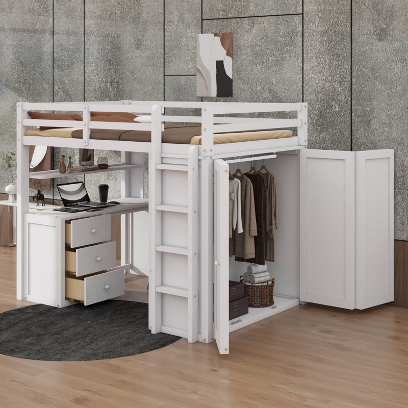Lit mezzanine avec tiroirs, bureau et garde-robe, Blanc