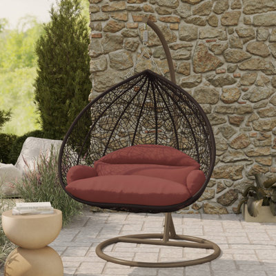 Fauteuil à œufs suspendu en forme de larme pour 2 personnes avec support et coussins en acier - Causeuse double en osier toutes saisons pour patio intérieur et extérieur