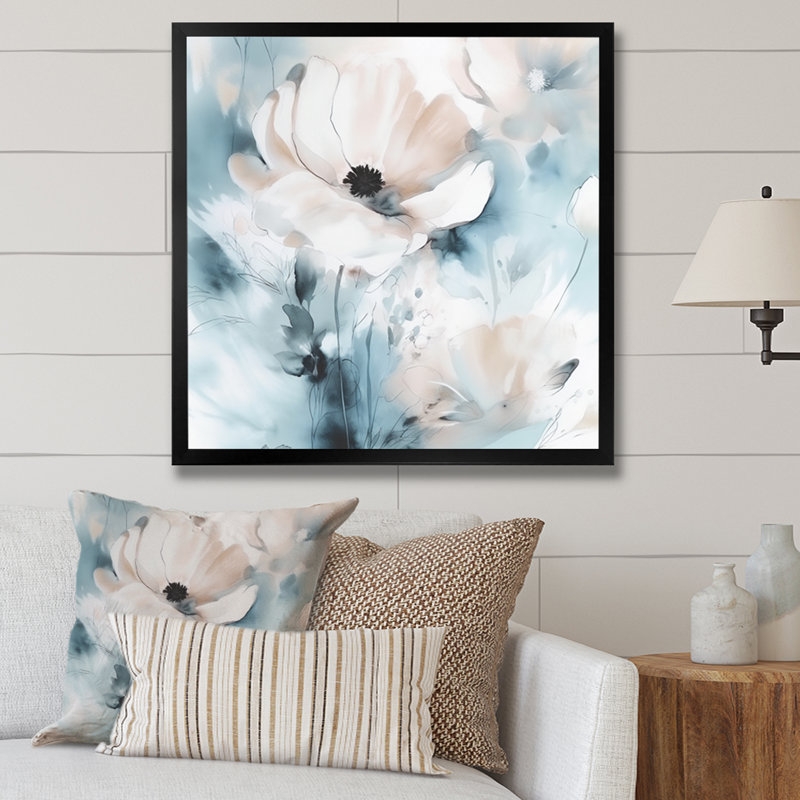 Fleurs délicates grises II - impression sur toile florale, Cadre photo noir, L 16 po x H 16 po