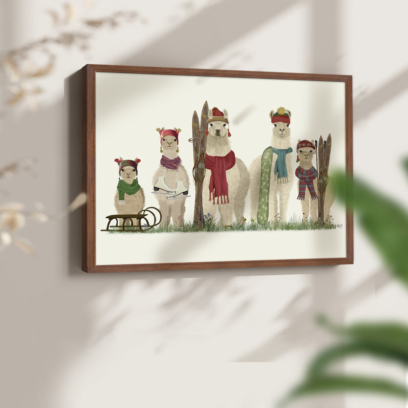 Llama Family Winter Sports - Imprimé encadré - Restickable, H 16 po x l 20 po, Noyer