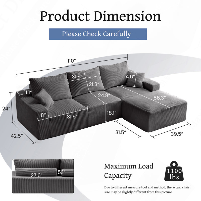 Canapé modulaire en L «110», Gris, H 24 po x l 110 po x P 74 po