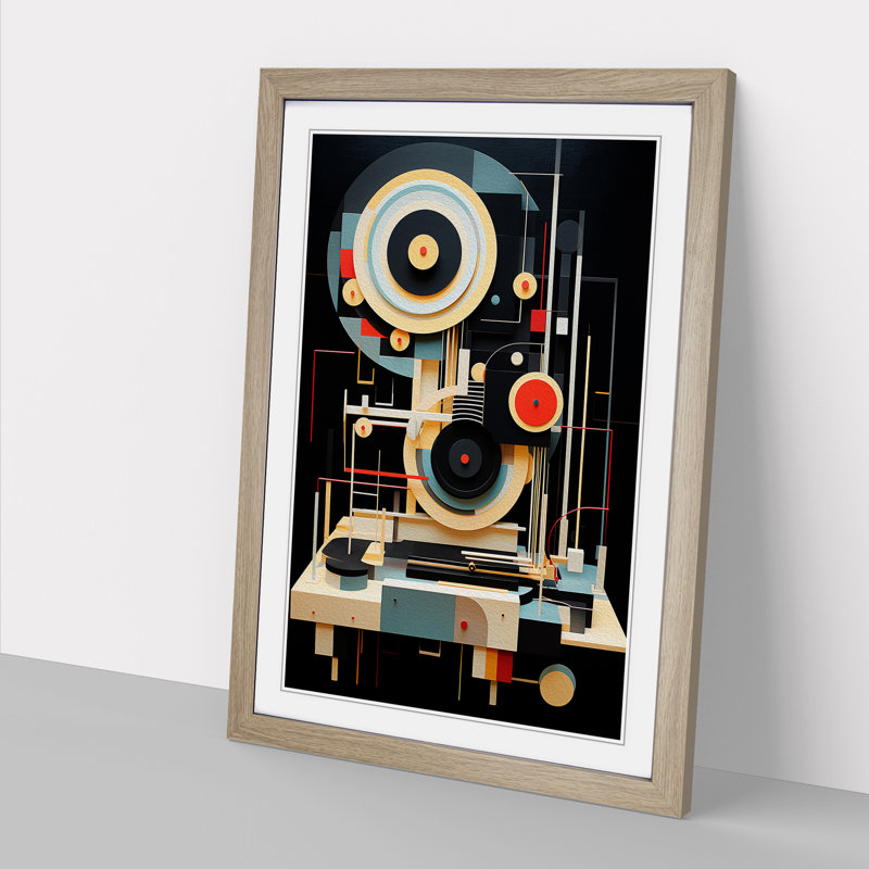 XYZ-FRM-V1223-5427 Record Player Dadaism - Single Picture Frame Print on Wood, 64cm H x 46cm W x 2cm D, Oak