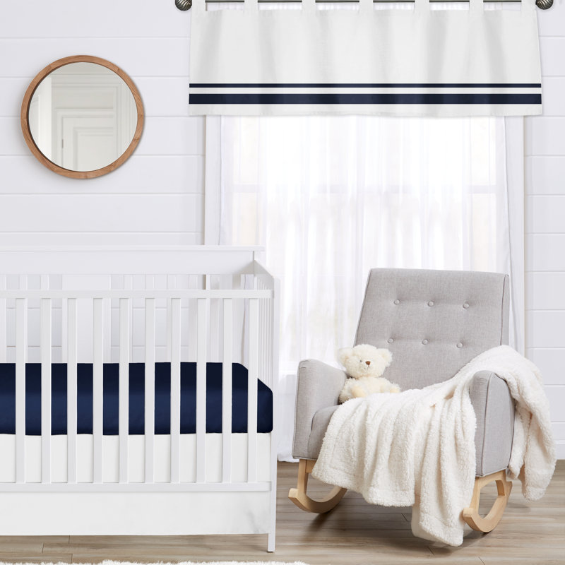 White and Navy Cotton Tab Top Window Valance