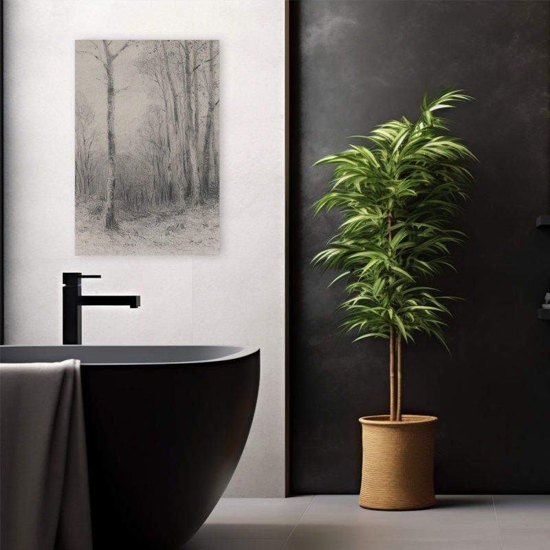 Dessin d'une ligne d'arbre - esquisse de forêt contemporaine gris anthracite, H 16 po x l 24 po