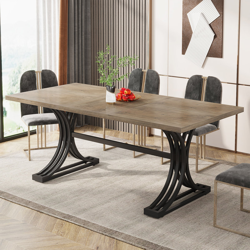 Table de salle à manger, rectangulaire, base en métal, 63 pouces, Gris, Noir, noir, noir, noir