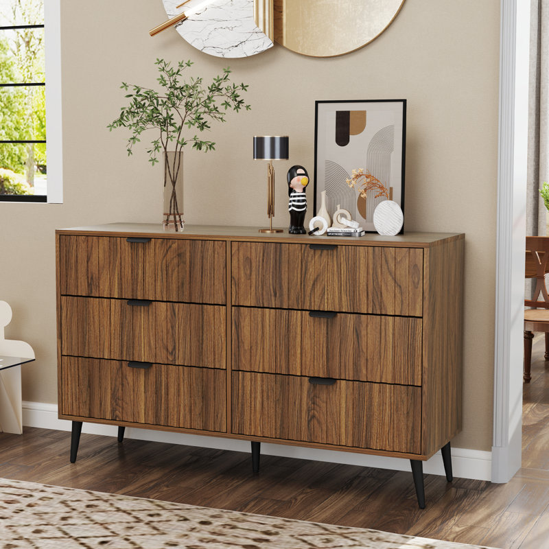 Dark Brown Finished Wood 6-Drawer Rectangular Dresser