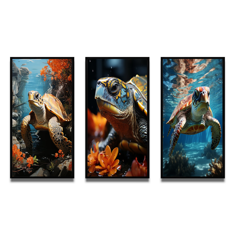 «Turtle Aquatic Wanderer Pastoral», 3 pièces sur toile, H 20 po x l 36 po, Cadre noir