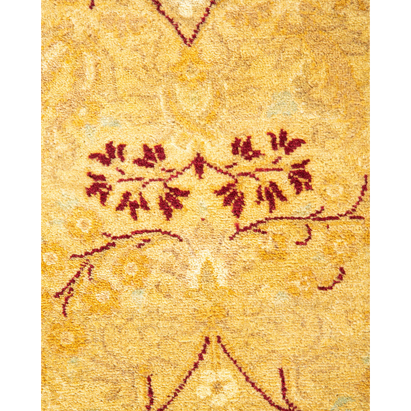 Tapis unique ivoire / jaune / rouge noué à la main 8 pi 3 po x 10 pi 3 po Hayner