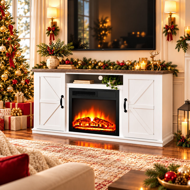 R.W.FLAME 47" Farmhouse Electric Fireplace TV Stand for TVs up to 55", 5100 BTU Heater, 3D LED Flame with 7-Level Brightness