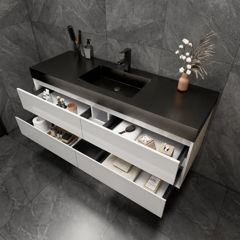Golitz 59'' Single Bathroom Vanity with Stainless Steel Top, Glossy White