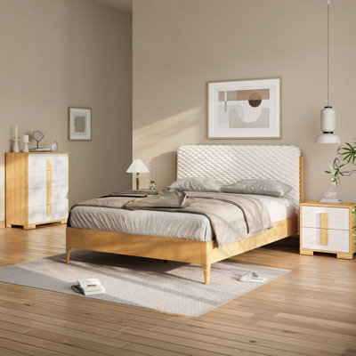 Queen Platform Bed with Quilted Upholstered Headboard & Rubberwood Frame