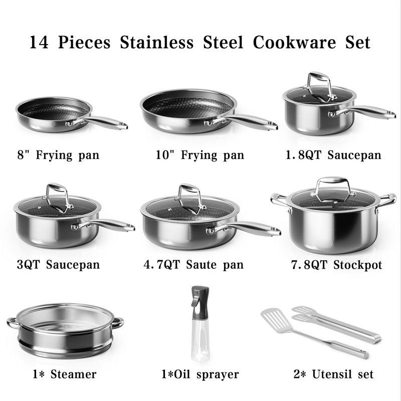 14 Pieces Stainless Steel Cookware Sets Rivetless Cookware with Cool-Grip Handles