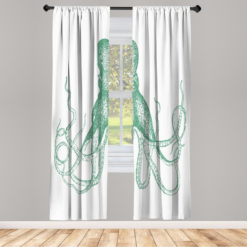 Ebern Designs Octopus Curtains, Marine Animal Tentacles Art, Pair of 28", Sea Green, 28" W x 63" L