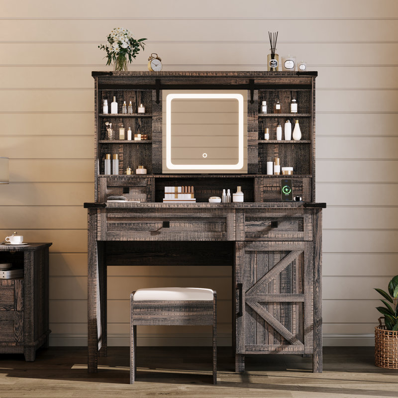Bureau de coiffeuse avec miroir coulissant Farmhouse, Noir, noir, noir, noir