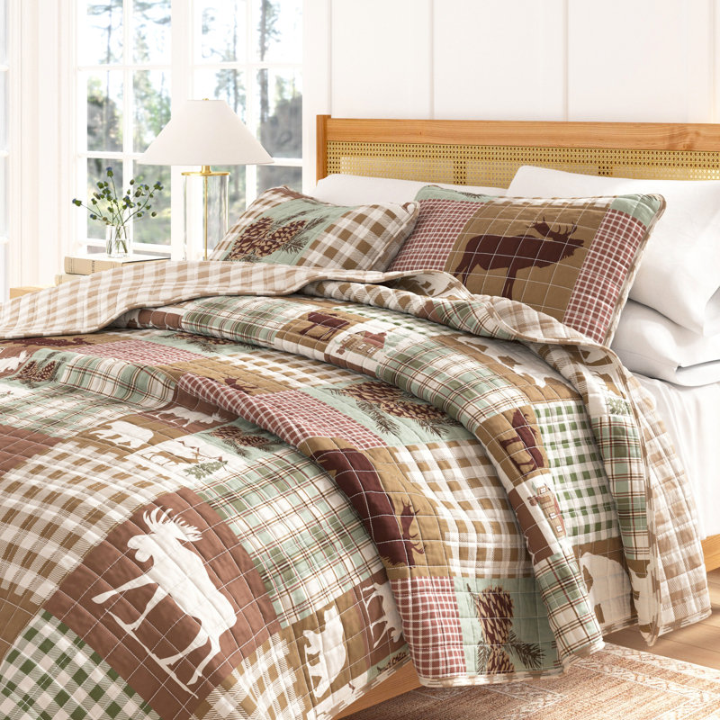 Ensemble de courtepointe réversible en microfibre Lodge Woodland and Patchwork, Pruche verte / brun nature