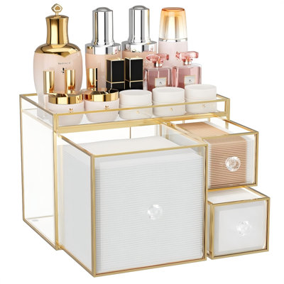 Tempered Glass Face Towel Holder with 3 Drawers, Bathroom Vanity Organizer for Disposable Face Towels, Cotton Pads, Swabs and Skincare Tools