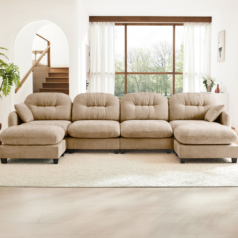 Canapé modulaire modulaire en forme de U avec repose-pieds, dossier moelleux en tissu chenille doux, conception ergonomique en mousse haute densité, accoudoirs élégants, facile à installer dans les salons, chameau