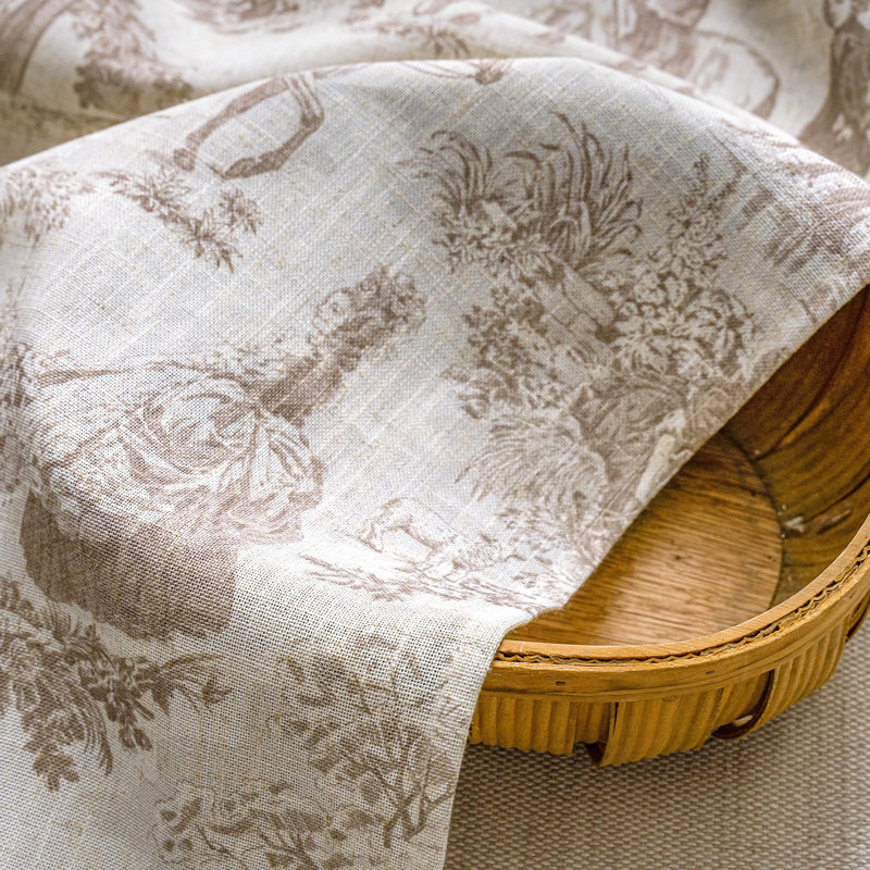 Kitchen Curtains Toile Tier Linen Short Curtains Cafe for Living Room Bathroom Farmhouse French Country Vintage Printed Pattern Rod Pocket 2 Panels