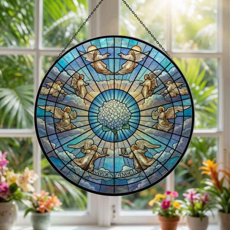 7.8"H Angel Sky Stained Glass Window Panel, 7.8" H x 7.8" W