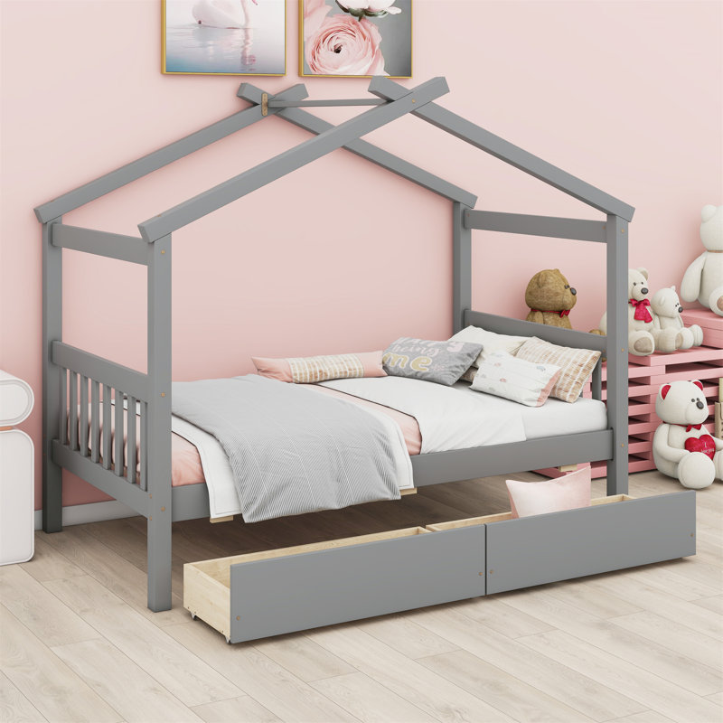 Lit en bois avec tiroirs, Gris