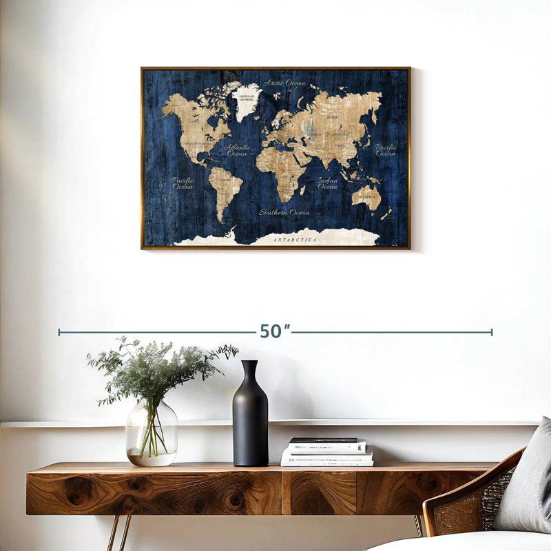 Carte du monde en bois texturé, 31 po x 21 po, Cadre flottant doré