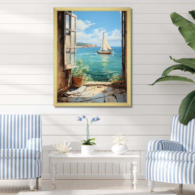 Voilier de bateau, vue sur l'océan II - fenêtres côtières, art mural, Cadre doré simple, H 44 po x l 34 po x P 1,5 po
