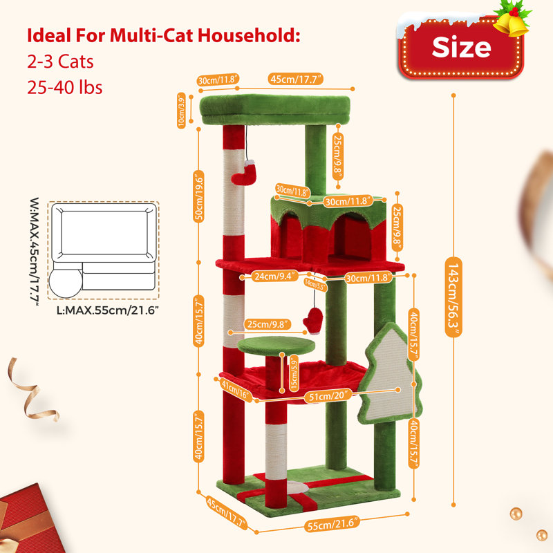 Arbre à chat de 56,3 po, condos à griffer avec plateforme et panier inclus