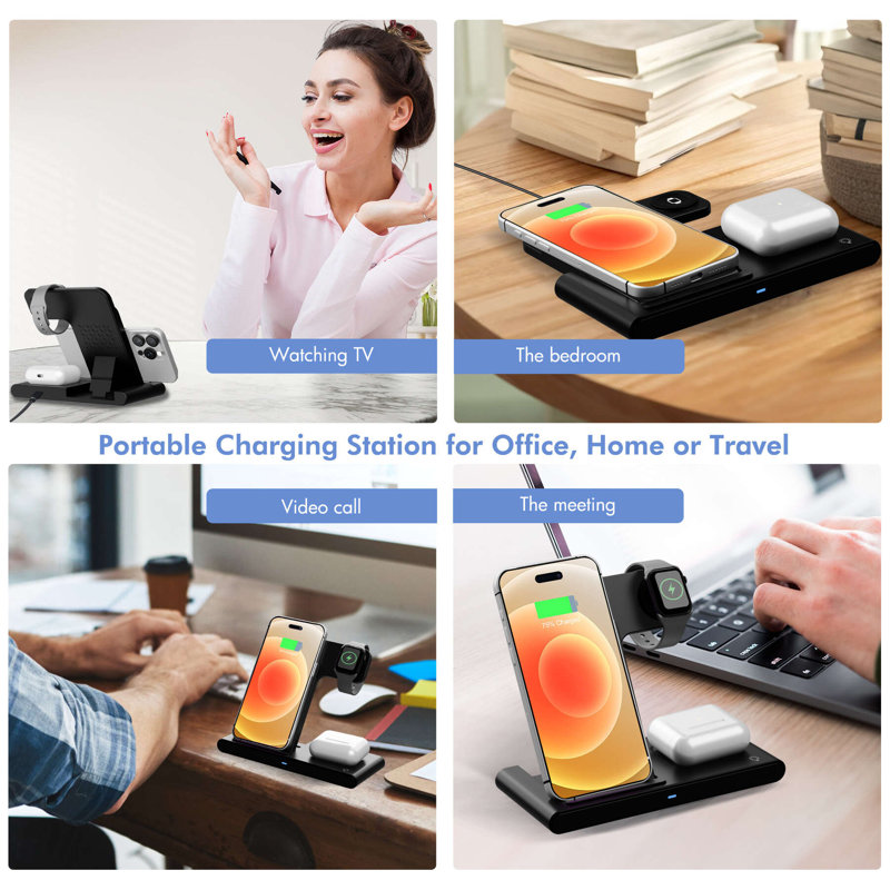  3 In 1 Fast Wireless Charger, Foldable Wireless Charging Station Suitable For iPhone 15 14 Pro Max 13 12 11, For iWatch 9 8 7 6 5 4 3 2 Se, For Airpods 3 2 Pro Multiple Devices