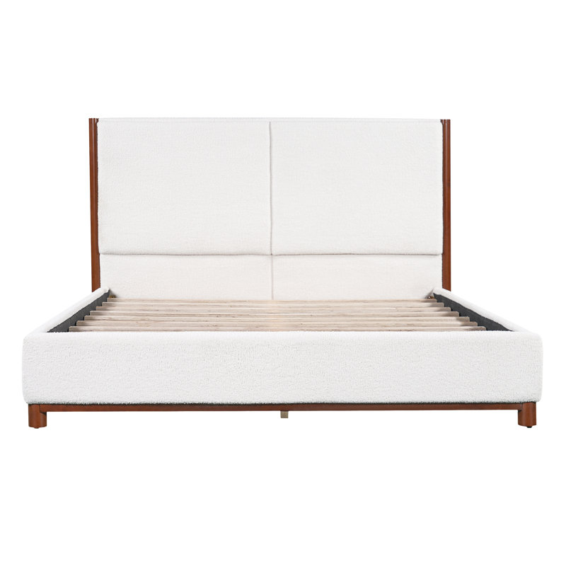 Structure de lit tapissier très grand, garniture en bois de noyer avec tissu blanc, fabrication en contreplaqué et en bois d'hévéa, capacité de poids de 600 lb, convient aux matelas de 8 à 10 po, aucun sommier requis