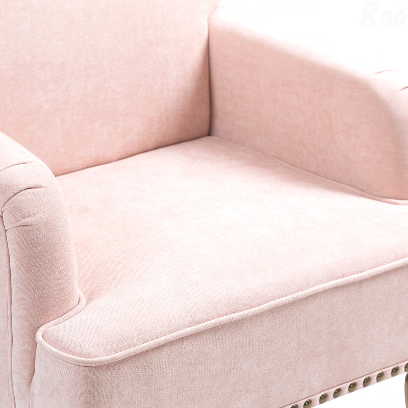 Chaise d'appoint rétro rose moderne - pieds en bois massif et tissu moelleux, capacité de 300 lb, facile à assembler, Naturel