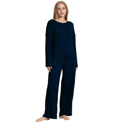  Womens Pajamas Set Soft Pjs Bathrobe Bamboo Long Sleeve Loungewear Wide Leg Pants Set Navy M