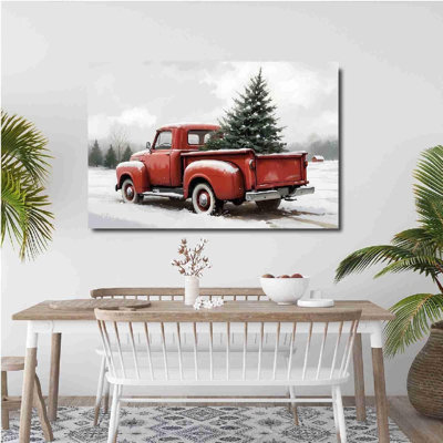 Vintage Red Truck With Christmas Tree Theme, Unframed Wall Art, 20 X 16