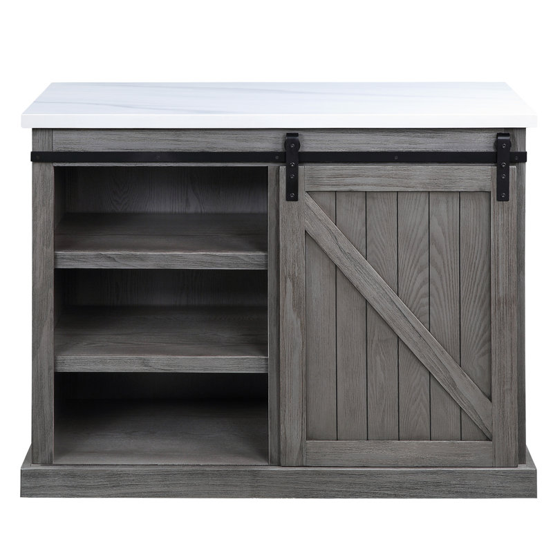 Gray Oak Kitchen Island with White Marble Top and Sliding Barn Door