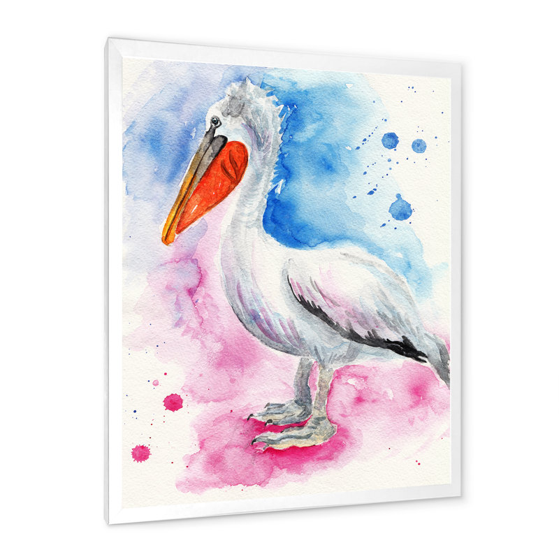 Pélican bleu et rose, Impression blanche sur toile encadrée, H 40 po x l 30 po x P 1,5 po