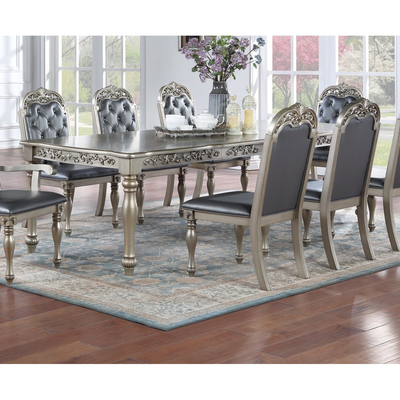 Table de salle à manger formelle avec rallonges seulement, fini argenté, design en bois d'hévéa, grand meuble de salle à manger familial