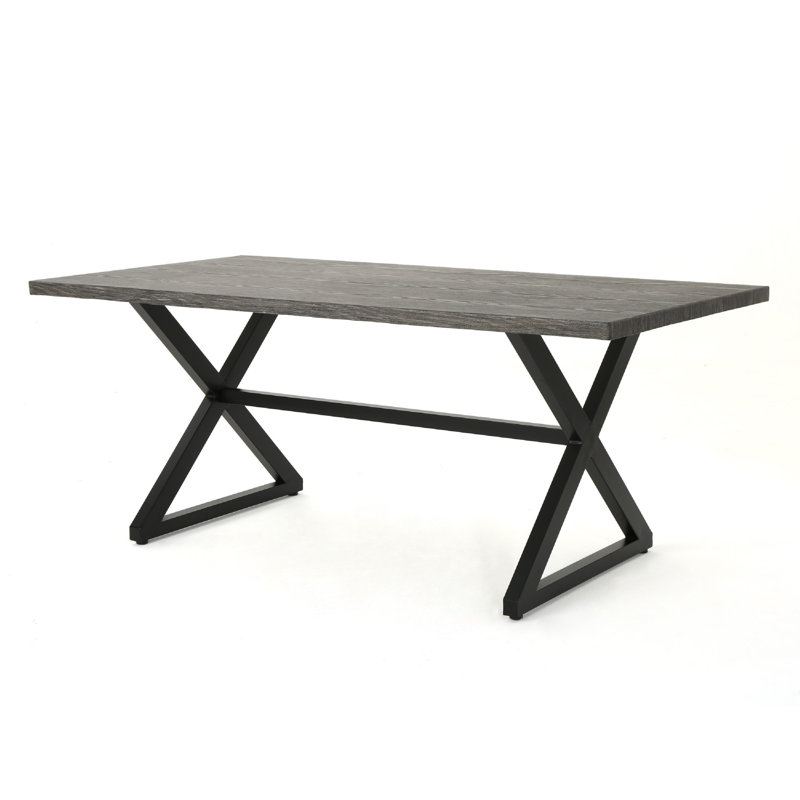 Table de salle à manger d'extérieur, plateau rectangulaire gris de 71 pouces, pieds en acier noir