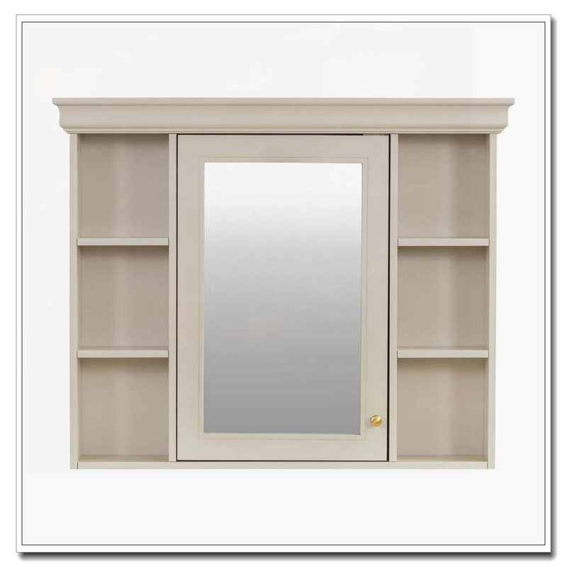 35" x 28" Wall Bathroom Cabinet with Mirror,Cabinet,6 Open Shelves, Beige/Cream