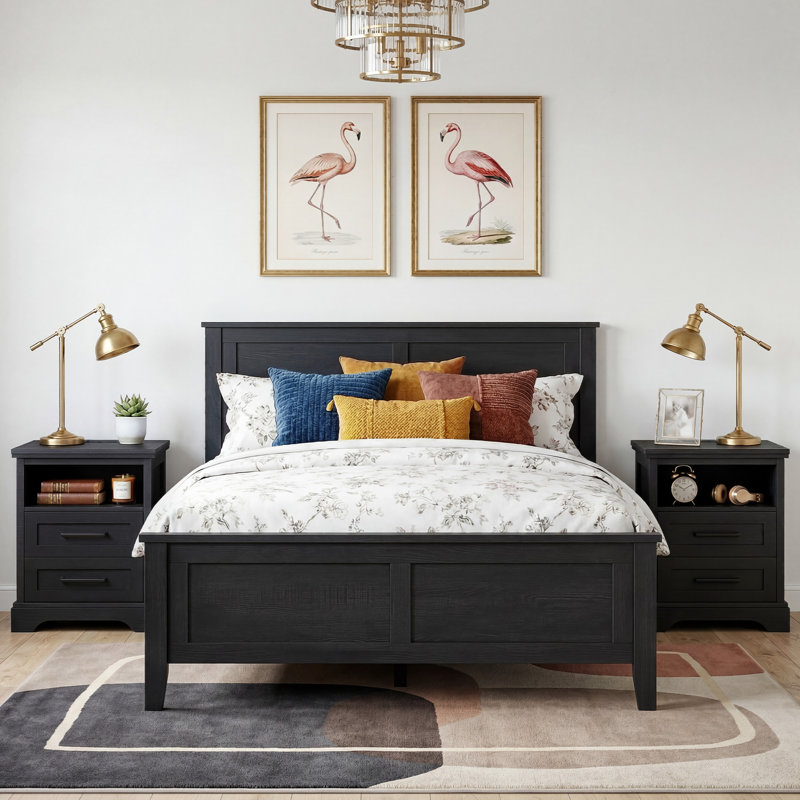 Farmhouse Nightstand with Charging Station and Large Drawers, Black, Set of 2