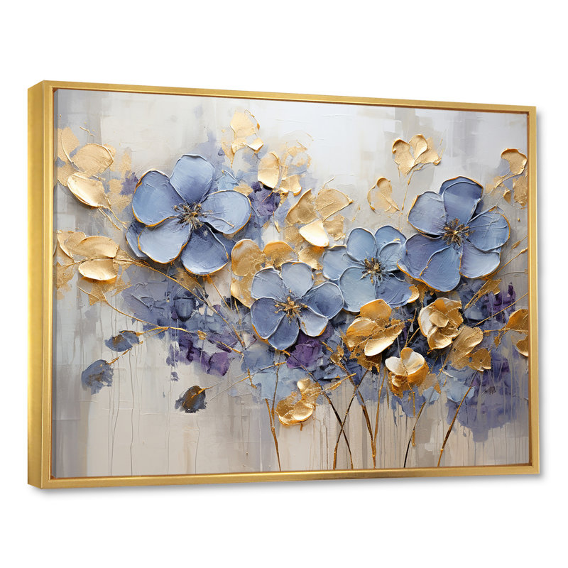 «Blue and Gold Exquisit Violets I» - art mural Violettes, Cadre flottant doré, H 12 po x l 20 po x P 1 po